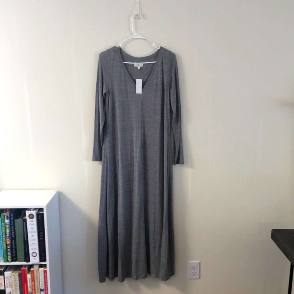 Lou & Grey long sleeve V-Neck long grey dress NWT